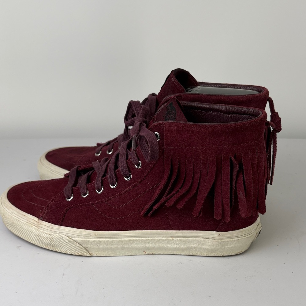 🌜Vans moccasin suede Maroon High-Top Fringe Sneakers